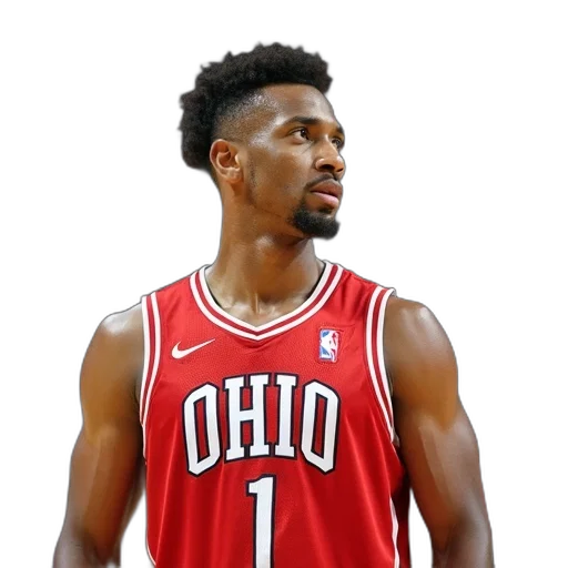 man, wearing, red, white, basketball, jersey, word, ohio transparent PNG cut-out