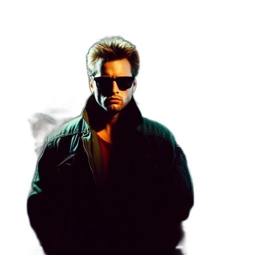 jacket, cyberpunk, photorealistic, comic book art, concept art, fog, man, wears transparent PNG cut-out