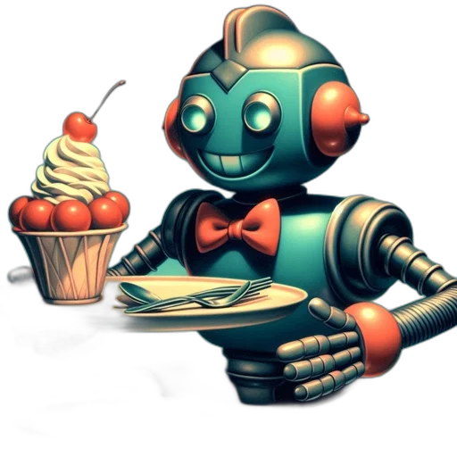 robot, food, staff, concept art, 3d render, pixel art, cyberpunk, blue transparent PNG cut-out