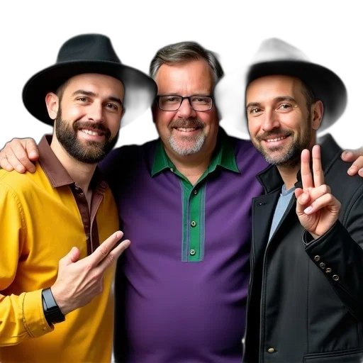 hat, jacket, staff, crown, three, men, posing, photo transparent PNG cut-out