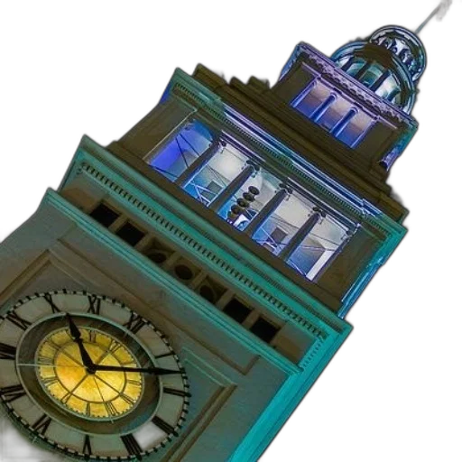 building, 3d render, concept art, photorealistic, blue, clock, tower, large transparent PNG cut-out