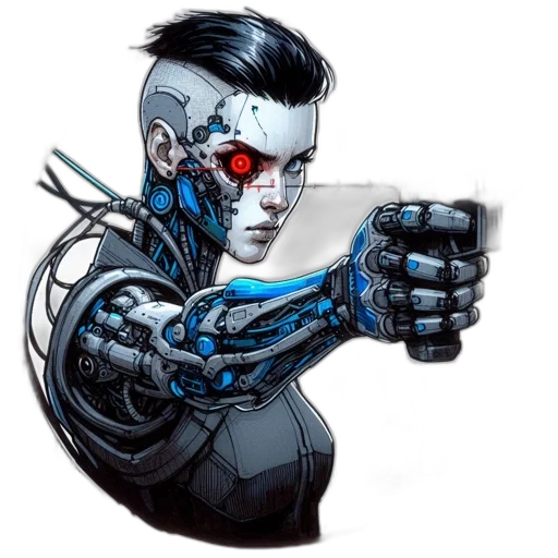 robot, weapon, cyberpunk, comic book art, concept art, cartoon, blue, humanoid transparent PNG cut-out