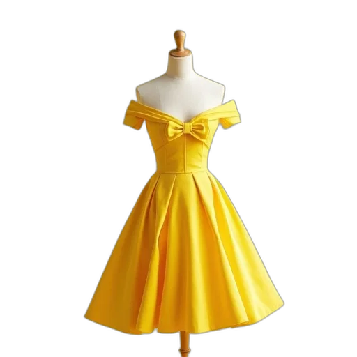 dress, 3d render, photorealistic, golden, yellow, fitted, bodice, flared transparent PNG cut-out