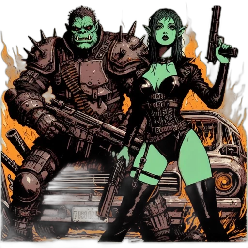 comic book art, concept art, fantasy art, two, characters, stand, amidst, post-apocalyptic transparent PNG cut-out