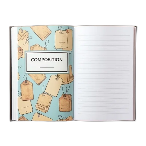composition, notebook, cover, featuring, pattern, hanging, tags, title transparent PNG cut-out