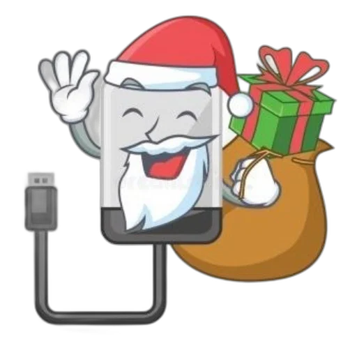cartoon, usb, drive, dressed, santa, claus, holding, gift transparent PNG cut-out