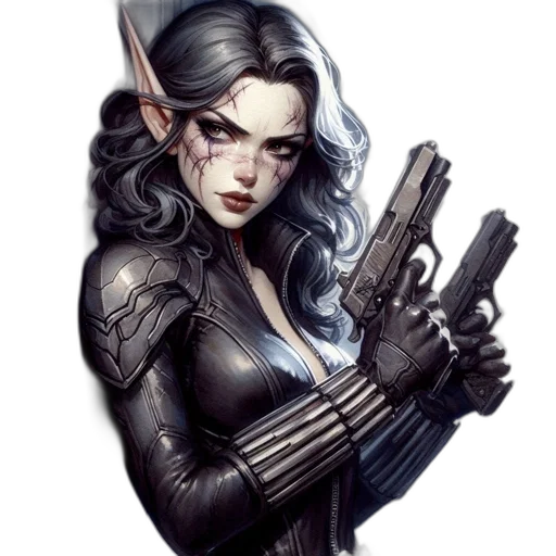 weapon, comic book art, fantasy art, concept art, cyberpunk, elf-like, female, warrior transparent PNG cut-out
