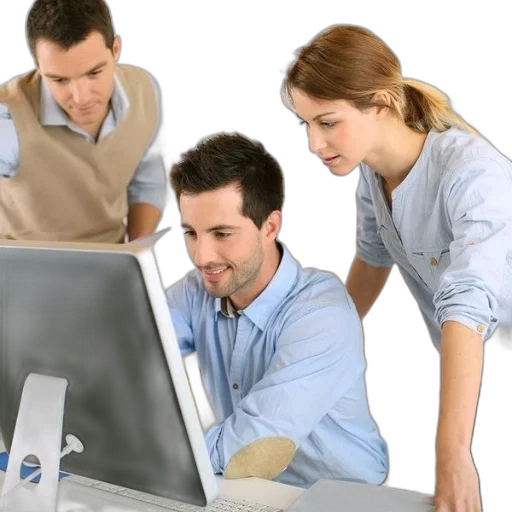 staff, furniture, 3d render, three, people, working, together, computer transparent PNG cut-out