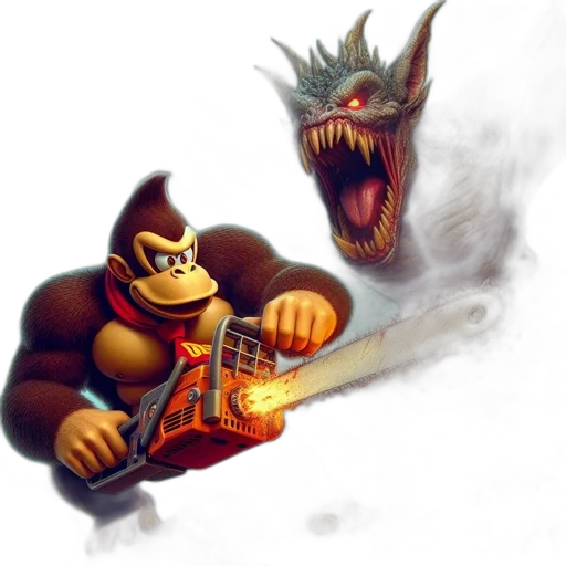 concept art, fantasy art, pixel art, comic book art, fire, aggressive, gorilla, chainsaw transparent PNG cut-out