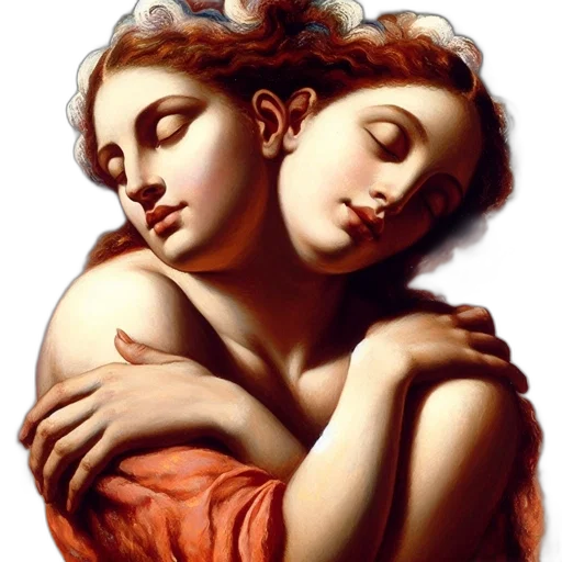 oil painting, photorealistic, two, intertwined, females, affectionate, pose, serene transparent PNG cut-out