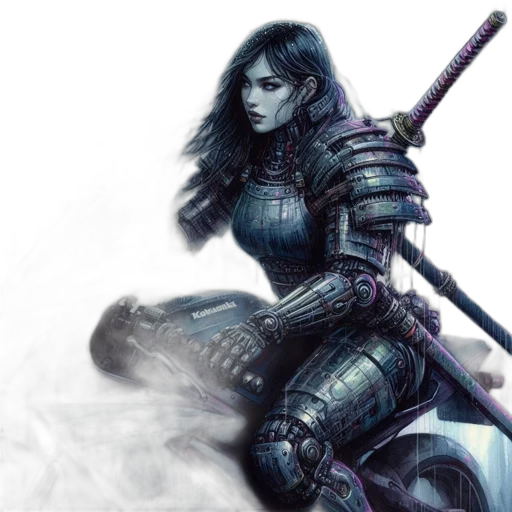 sword, fantasy art, concept art, comic book art, cyberpunk, dark, blue, woman transparent PNG cut-out
