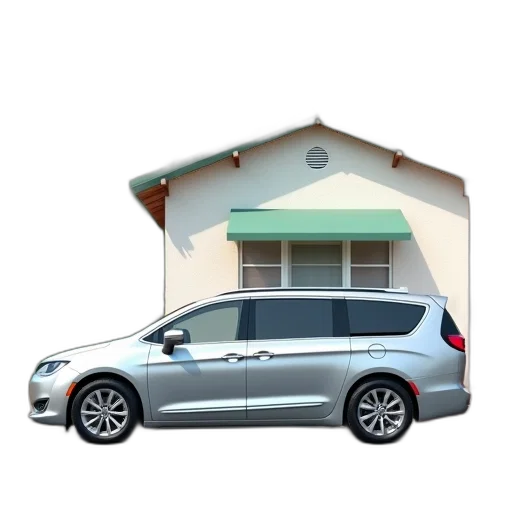 car, building, 3d render, photorealistic, silver, minivan, parked, front transparent PNG cut-out