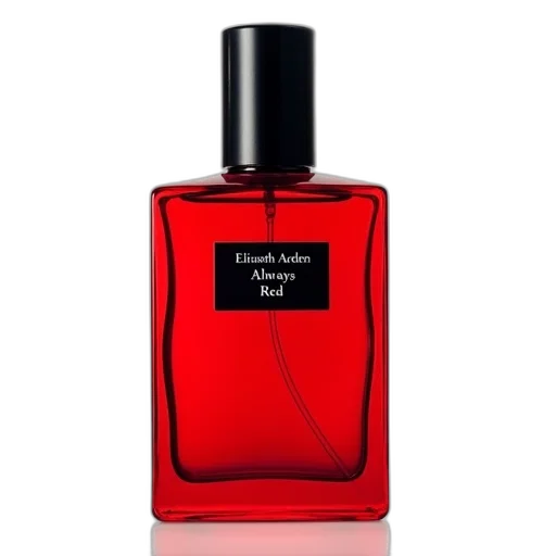 bottle, red, perfume, black, cap, label, featuring, text transparent PNG cut-out