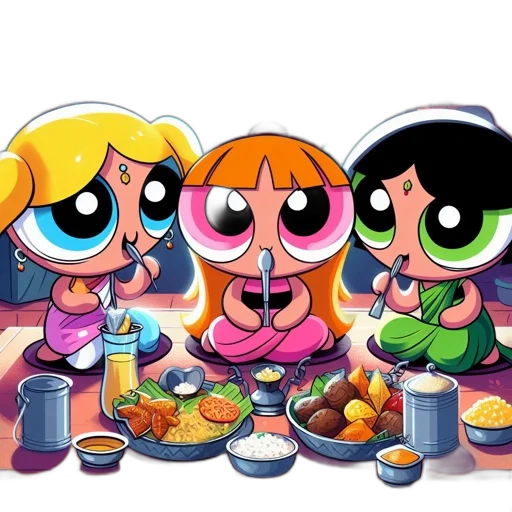 food, cartoon, concept art, neon, three, animated, characters, sit transparent PNG cut-out