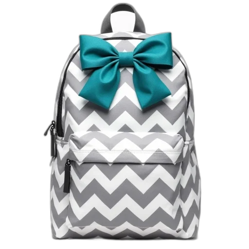 monochrome, gray, white, chevroned, monogram, backpack, teal, bow transparent PNG cut-out