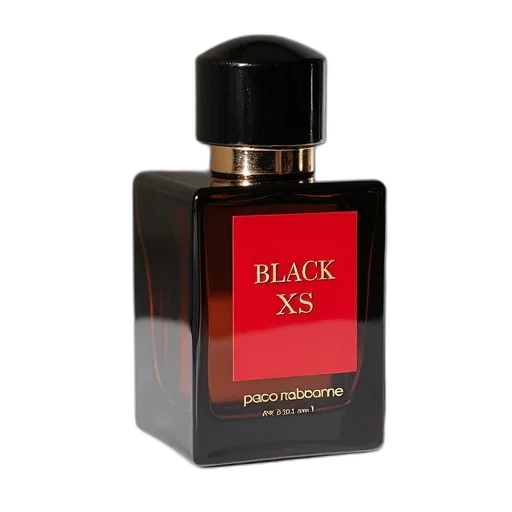 close-up, image, perfume, bottle, red, label, featuring, word transparent PNG cut-out