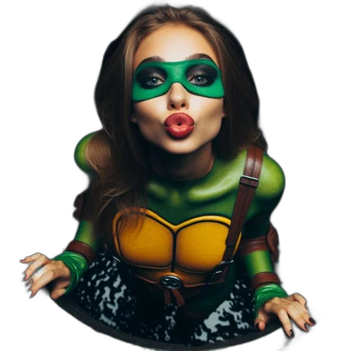 mask, comic book art, concept art, 3d render, cartoon, woman, green, yellow transparent PNG cut-out
