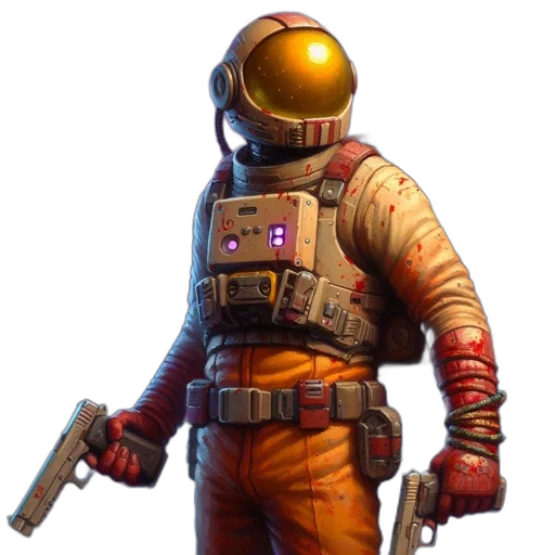 weapon, jacket, staff, robot, concept art, pixel art, cyberpunk, 3d render transparent PNG cut-out