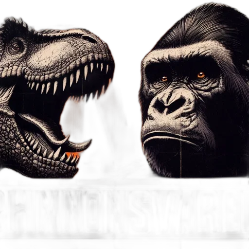 concept art, photorealistic, 3d render, fantasy art, poster, rhinnonsvarei, t-rex, confronts transparent PNG cut-out