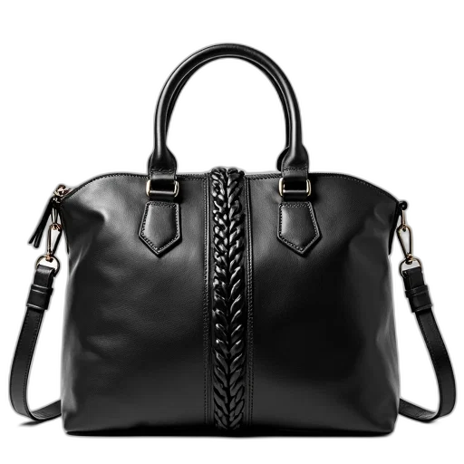 monochrome, dark, black, leather, handbag, braided, strap, detail transparent PNG cut-out