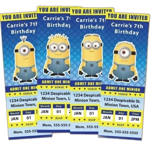 four, minion-themed, birthday, invitations, carrie, 7th, featuring, blue transparent PNG cut-out