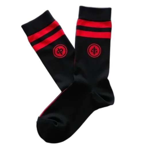 pair, black, socks, red, stripes, top, circular, logo transparent PNG cut-out