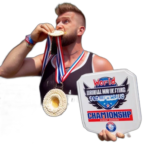 man, holds, sign, world, uranal, maki, eating, championship transparent PNG cut-out
