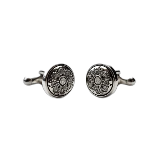 jewelry, pair, silver, cufflinks, intricate, designs, white, background transparent PNG cut-out