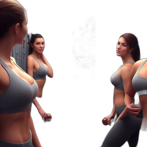 3d render, photorealistic, concept art, locker, room, three, women, wear transparent PNG cut-out