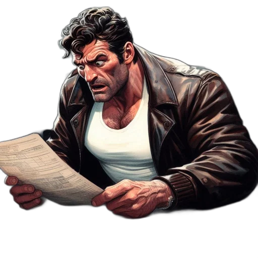 jacket, face, weapon, comic book art, concept art, pixel art, cartoon, muscular transparent PNG cut-out