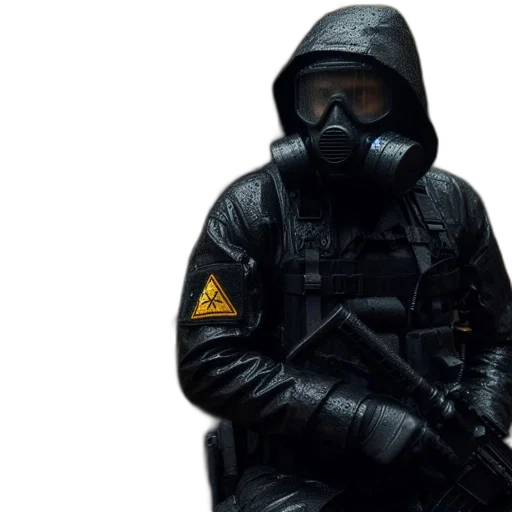 jacket, mask, weapon, concept art, cyberpunk, 3d render, foggy, forest transparent PNG cut-out