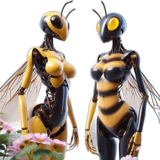 3d render, concept art, photorealistic, two, anthropomorphic, bee, bots, one transparent PNG cut-out