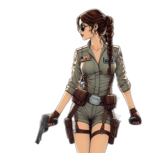 weapon, concept art, comic book art, pixel art, cartoon, earth tones, female, pilot transparent PNG cut-out