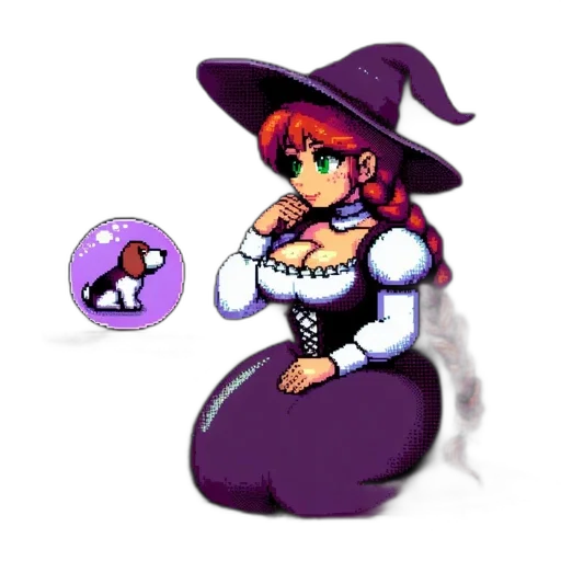 dress, hat, staff, pixel art, concept art, fantasy art, cartoon, monochrome transparent PNG cut-out