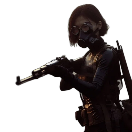 weapon, mask, staff, concept art, cyberpunk, 3d render, comic book art, hazy transparent PNG cut-out