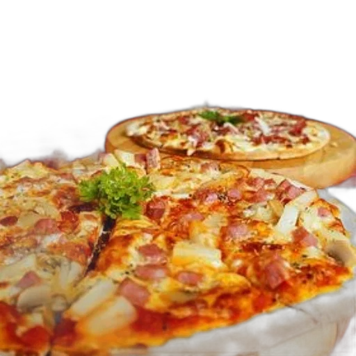 food, crown, 3d render, photorealistic, delicious-looking, pizza, ham, pineapple transparent PNG cut-out