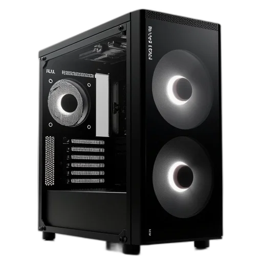 3d render, sleek, black, modern, computer, tower, large, circular transparent PNG cut-out