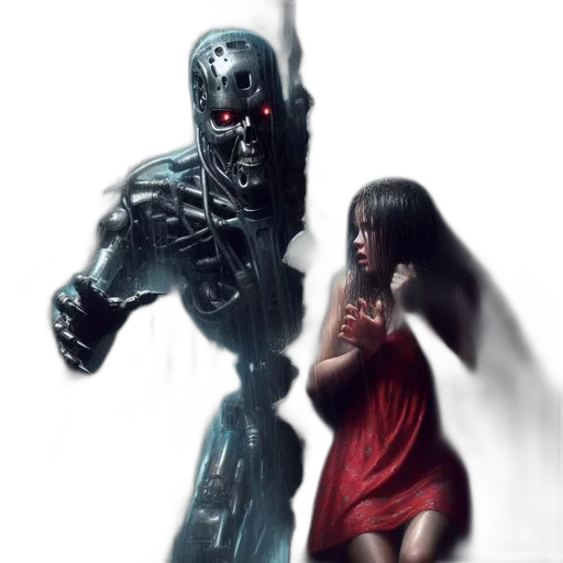 robot, concept art, comic book art, cyberpunk, fantasy art, between, woman, concealed transparent PNG cut-out