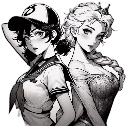 hat, dress, anime, comic book art, concept art, cartoon, monochrome, dark transparent PNG cut-out