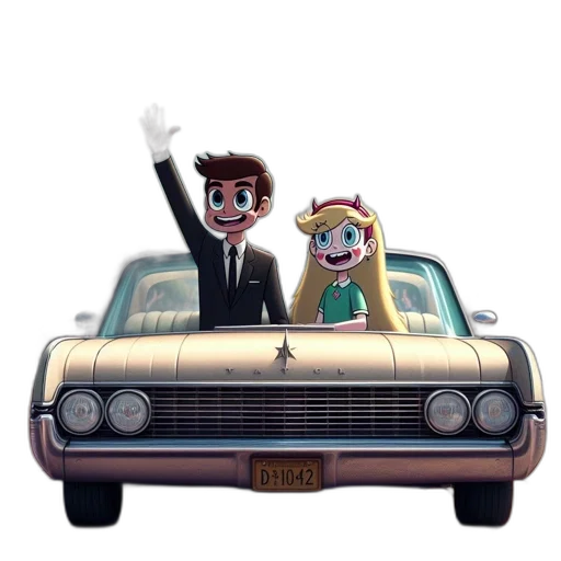 car, cartoon, concept art, 3d render, pixel art, scene, couple, rides transparent PNG cut-out