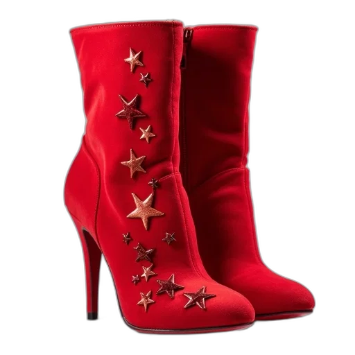 shoes, red, pair, high-heeled, boots, star, pattern, side transparent PNG cut-out