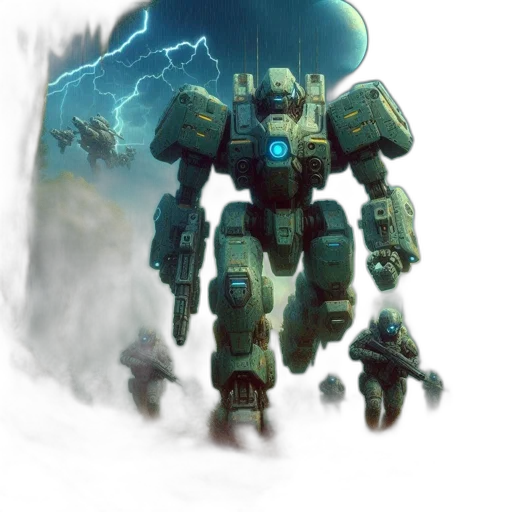robot, weapon, concept art, fantasy art, pixel art, comic book art, fog, green transparent PNG cut-out