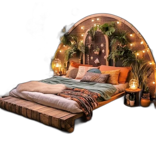 furniture, 3d render, earth tones, cozy, bohemian, theme, bedroom, colorful transparent PNG cut-out