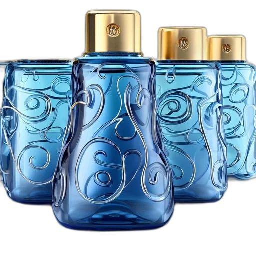photorealistic, blue, array, glass, bottles, golden, swirl, motifs transparent PNG cut-out