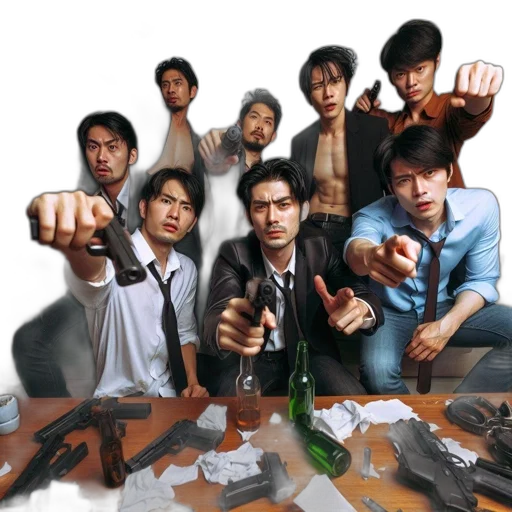 staff, weapon, concept art, fire, seven, men, varied, poses transparent PNG cut-out
