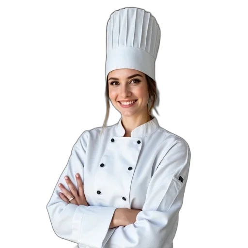 staff, food, hat, jacket, photorealistic, 3d render, woman, wearing transparent PNG cut-out