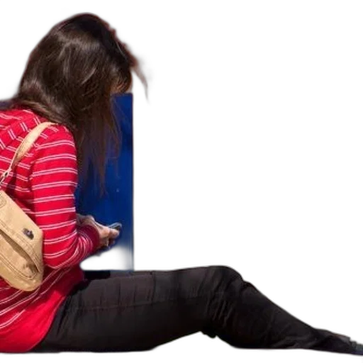 jacket, woman, red, striped, shirt, black, pants, sits transparent PNG cut-out