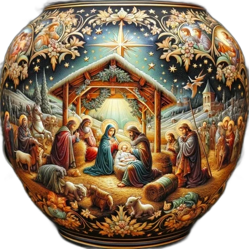 snow, elaborate, pottery, piece, displays, detailed, nativity, scene transparent PNG cut-out