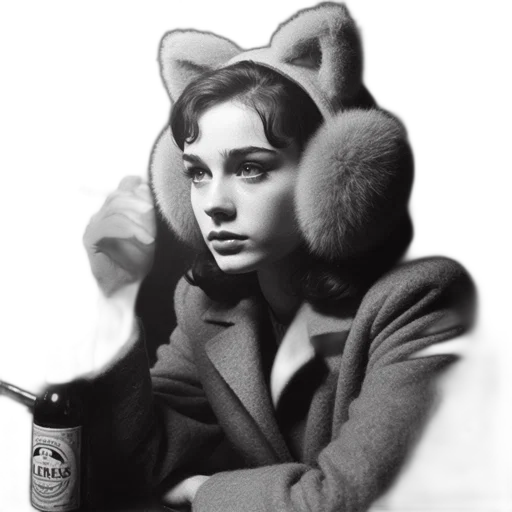 hat, jacket, animal, bottle, photorealistic, young, woman, bar transparent PNG cut-out