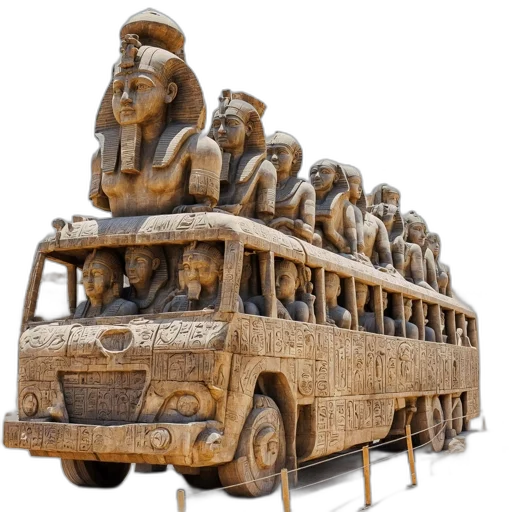 car, concept art, 3d render, photorealistic, egyptian-themed, bus, sculpture, adorned transparent PNG cut-out